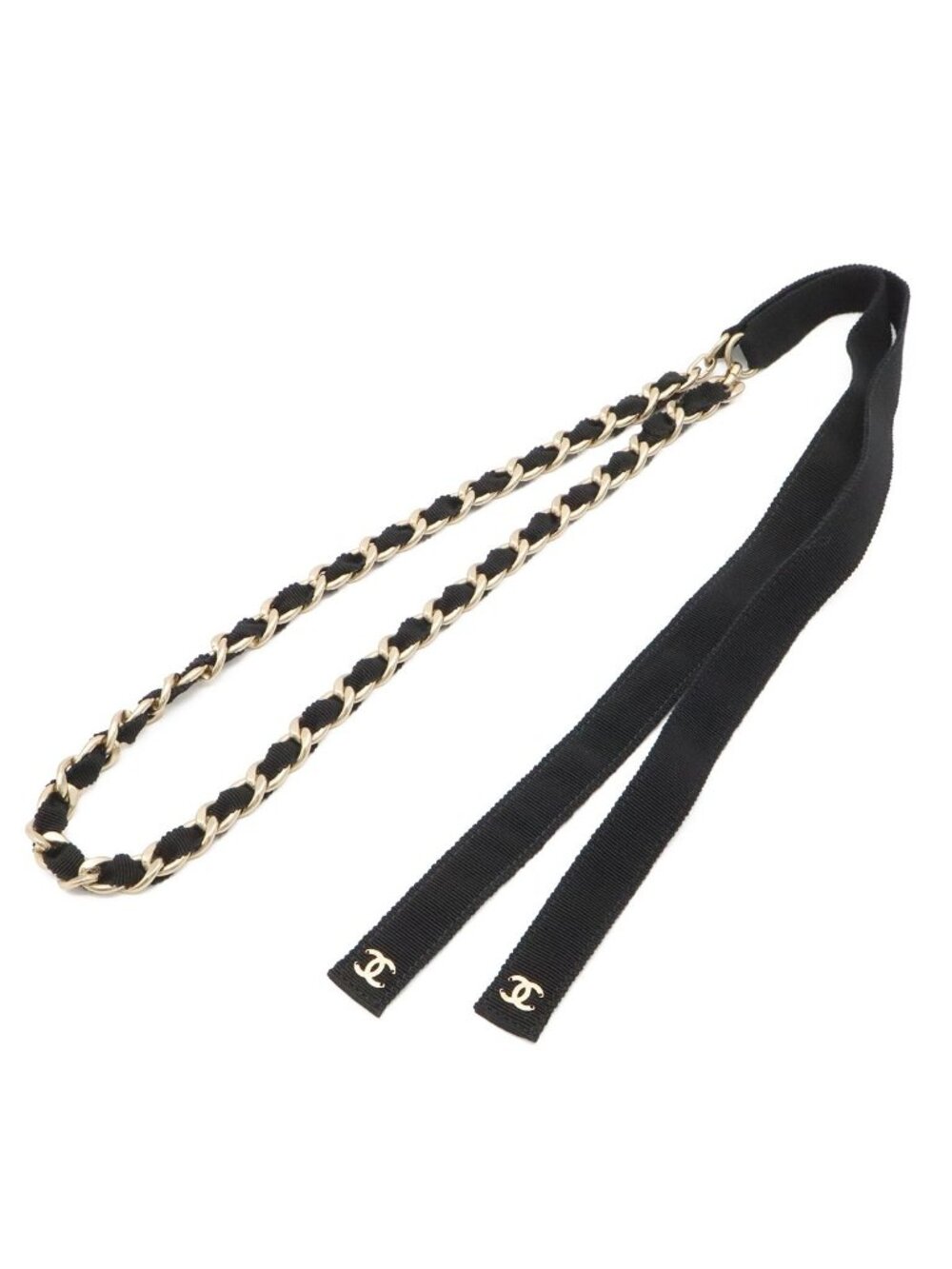 Chanel CC Logo Chain Belt Grosgrain Ribbon Black Gold